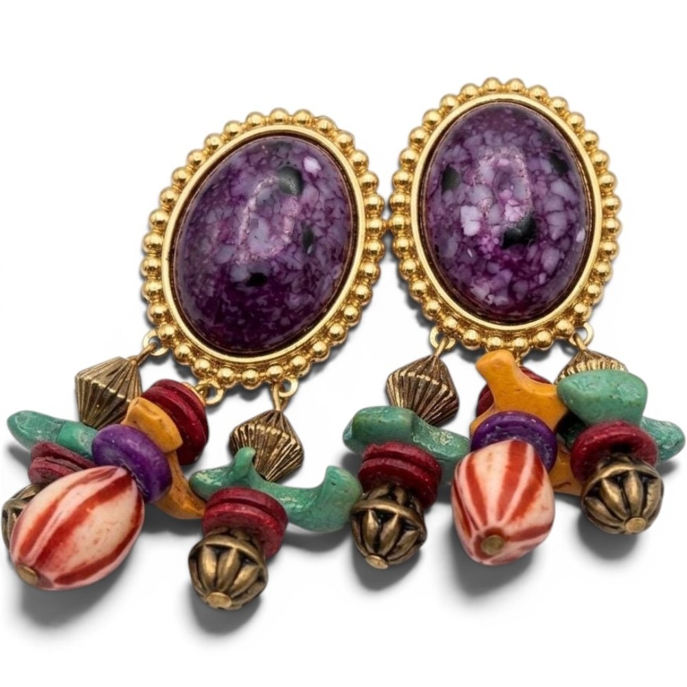 Vintage Purple Speckled Oval Cabochon Multi Color Beaded Dangle Earrings Boho